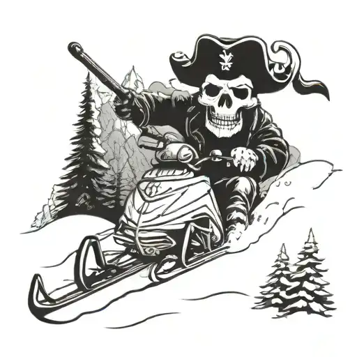 A skull wearing a pirate hat riding a snowmobile through a snowy landscape tattoo design idea