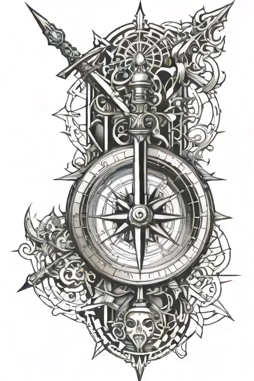 open compass with sword piercing tattoo design idea