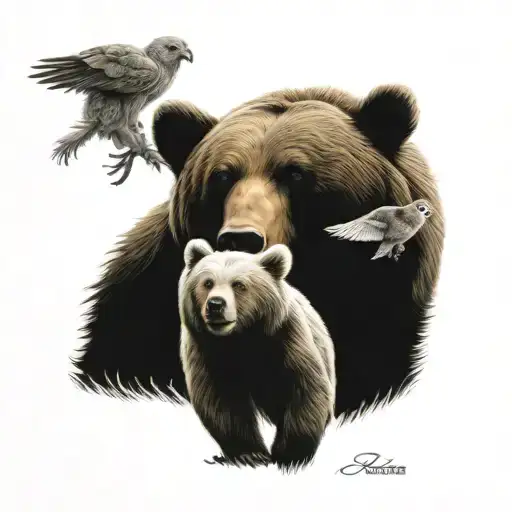 bear and baby bear walking and hare and owl tattoo design idea
