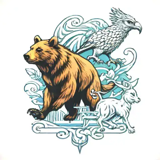 bear walking towards and hare and gryphon and owl tattoo design idea