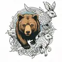 bear walking towards and hare and gryphon and owl tattoo design idea