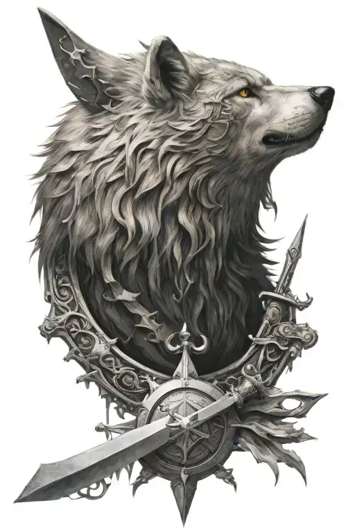 a witcher's medallion with a wolf, with a silver and steel sword sticking out of it tattoo design idea