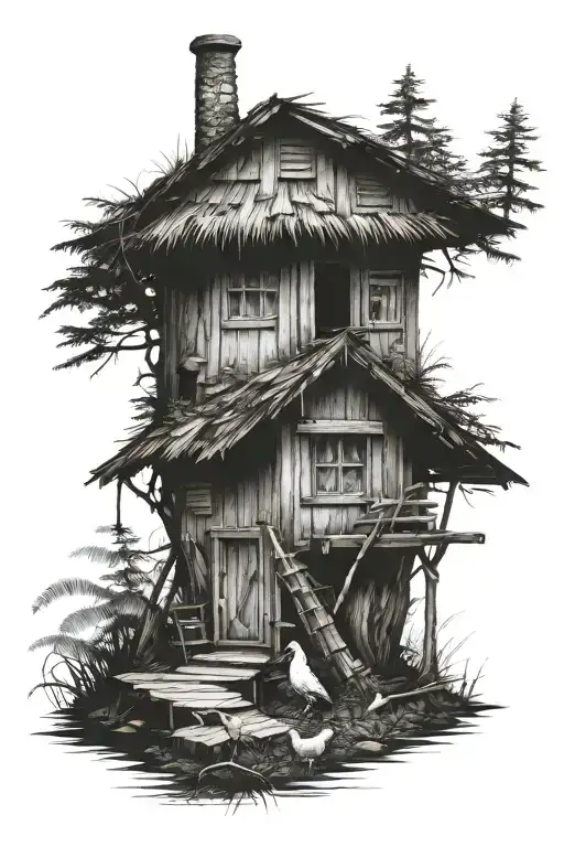 hut on chicken legs in the forest tattoo design idea