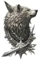 a witcher's medallion with a wolf, with a silver and steel sword sticking out of it tattoo design idea