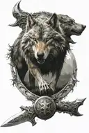 a witcher's medallion with a wolf, with a silver and steel sword sticking out of it tattoo design idea