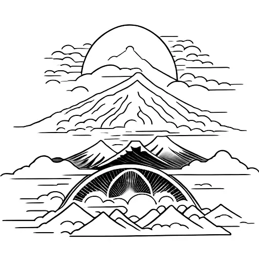 mount Fuji in the back , in front inari fox with  torii gates and the ikigai symbol tattoo design idea