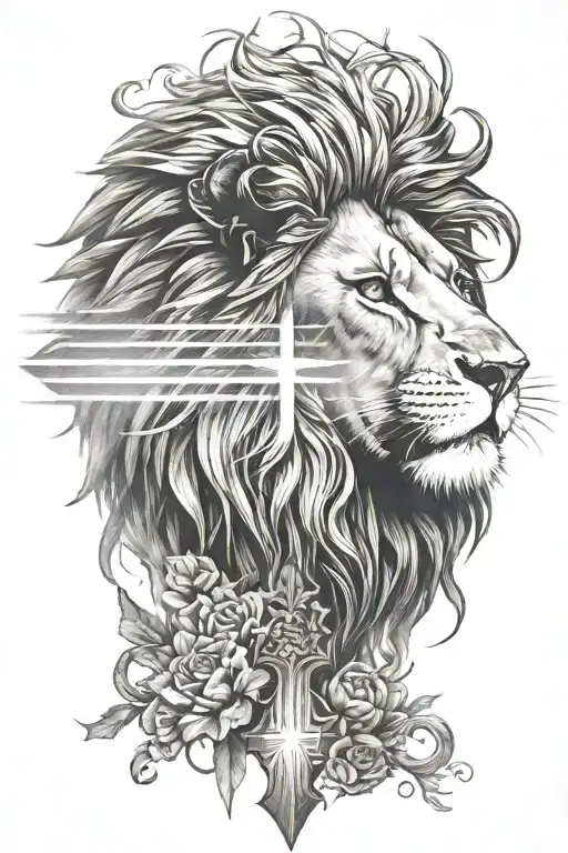 Christian cross lion light rays tattoo design idea