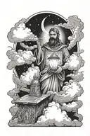 a person alone in the dark surround by darkness. Holding a bible and a light shoots up to the clouds that shows god.  tattoo design idea