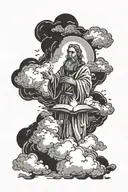 a person alone in the dark surround by darkness. Holding a bible and a light shoots up to the clouds that shows god.  tattoo design idea