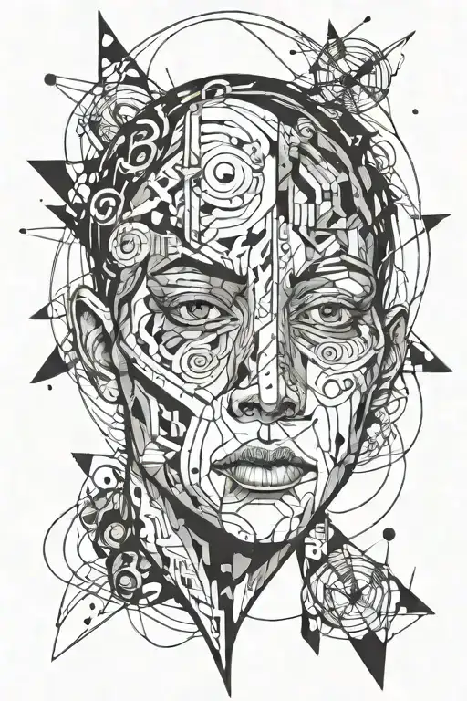 surreal face surrounded by small abstract lines tattoo design idea