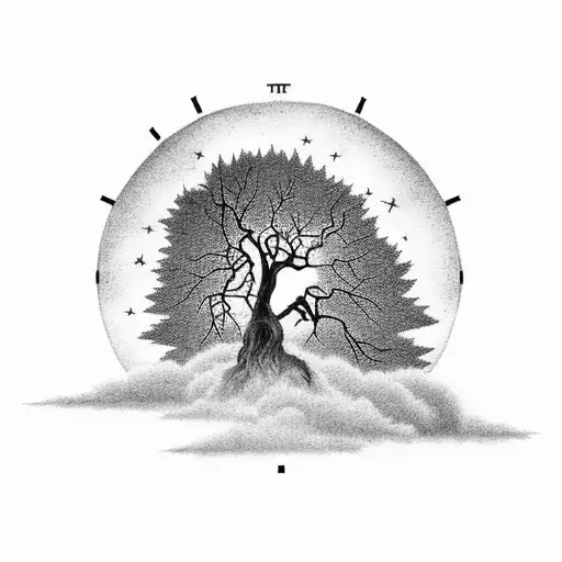 Solitary tree, half lush, half bare, with stormy rage. Time-marked band encircling arm, starlit sky promising hope. tattoo design idea