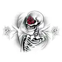 skeleton dancing with roses falling around it tattoo design idea