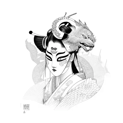 a geisha with a kitsune mask tattoo design idea