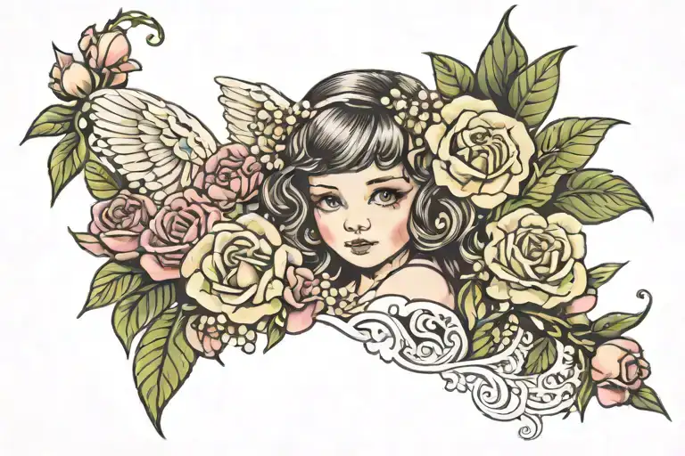Hannah Sebastian baby angel roses lilly of the valley tattoo design idea