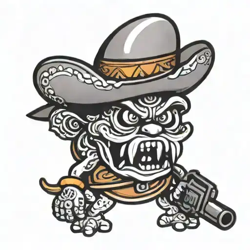 A angry taco wearing a sombrero holding a cigar and a gun  tattoo design idea