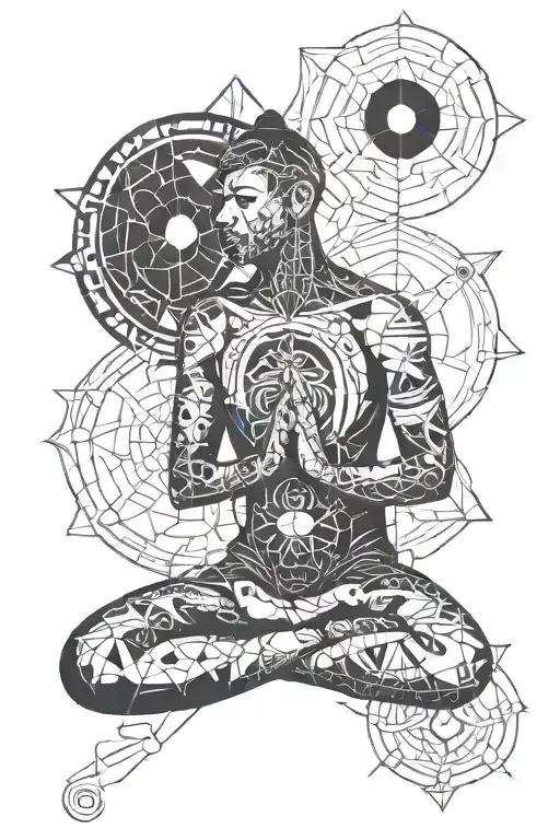 Black ink Tattoo Design for Shoulder to Elbow: 1. Meditating Man (Bottom): • A simplified geometric illustration of a me tattoo design idea