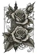 the dark tower with roses flanking from left to right with roses, vines spell i shoot with my mind, i kill with my heart tattoo design idea