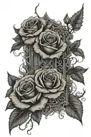 the dark tower with roses flanking from left to right with roses, vines spell i shoot with my mind, i kill with my heart tattoo design idea