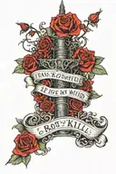 the dark tower surrounded by rose vines that spell out i shoot with my mind, i kill with my heart tattoo design idea
