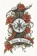 the dark tower surrounded by rose vines that spell out i shoot with my mind, i kill with my heart tattoo design idea