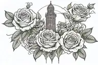 the dark tower with roses flanking from left to right with roses, vines spell i shoot with my mind, i kill with my heart tattoo design idea