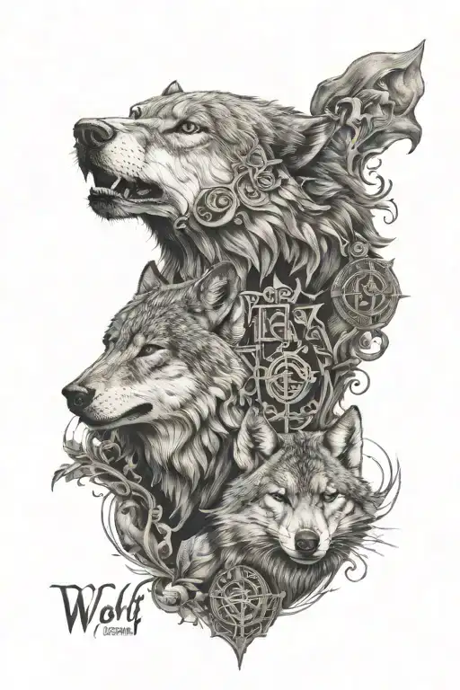 wolf in front, YHVH in hebraic idioma, names Helena Lis and Gabriel Henrique, biblical text Galatians 6:7  tattoo design idea