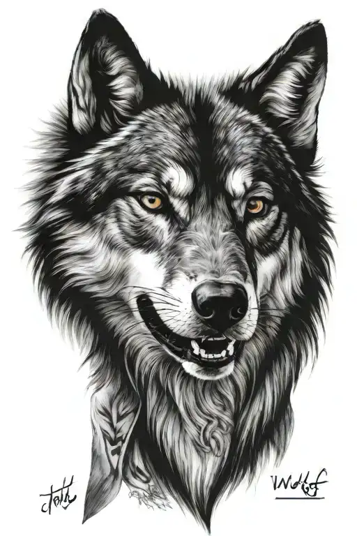 smile wolf with YHVH in hebraic idioma, names Helena Lis and Gabriel Henrique, biblical text Galatians 6:7  tattoo design idea