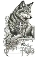 wolf, fleur-de-lis, names Helena Lis , one written in Hebrew: YHWH, a biblical text: Galatians 6:7-10 tattoo design idea