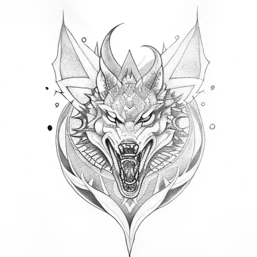 full sleeve tattoo with dragon on upper arm, wolf on lower arm, and fill up blank spaces with mandalas tattoo design idea