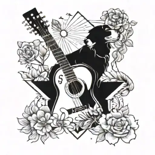 A guitar with nature elements and canine details, symbolizing the balance between love for music and love for dogs tattoo design idea