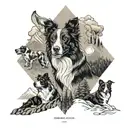 A collage of concert posters featuring border collies in various musical poses, set against a backdrop of mountains and forests tattoo design idea