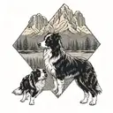 A collage of concert posters featuring border collies in various musical poses, set against a backdrop of mountains and forests tattoo design idea