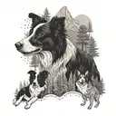 A collage of concert posters featuring border collies in various musical poses, set against a backdrop of mountains and forests tattoo design idea