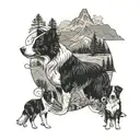 A collage of concert posters featuring border collies in various musical poses, set against a backdrop of mountains and forests tattoo design idea