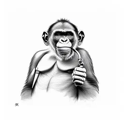a chimpanzee with a pipe on the mouth  tattoo design idea
