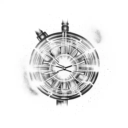 Cracked gas mask fading into a ferris wheel and a sprial clock on the elbow tattoo design idea