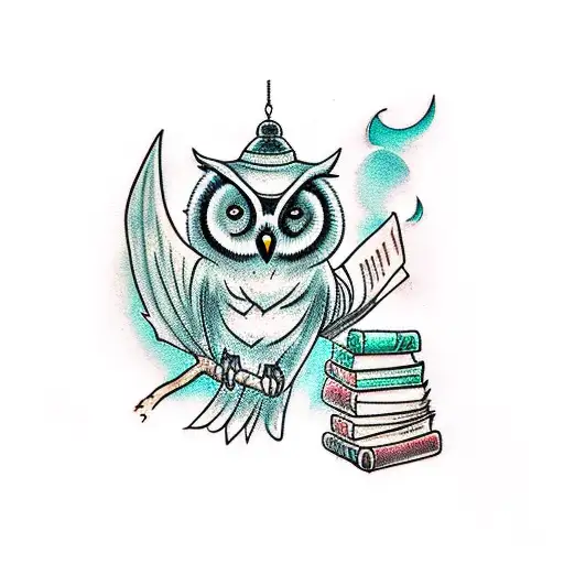 gothic fantasy owl on branch with a lantern and books tattoo design idea