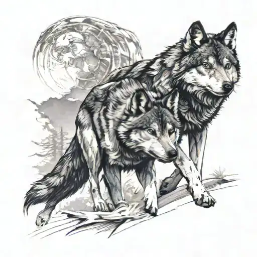 A black and grey full sleeve tattoo of a male wolf leading a pack, with a female wolf by his side, embodying leadership and unity tattoo design idea