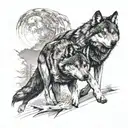 A black and grey full sleeve tattoo of a male wolf leading a pack, with a female wolf by his side, embodying leadership and unity tattoo design idea