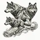 A black and grey full sleeve tattoo of a male wolf leading a pack, with a female wolf by his side, embodying leadership and unity tattoo design idea