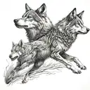 A black and grey full sleeve tattoo of a male wolf leading a pack, with a female wolf by his side, embodying leadership and unity tattoo design idea