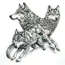 A black and grey full sleeve tattoo of a male wolf leading a pack, with a female wolf by his side, embodying leadership and unity tattoo design idea