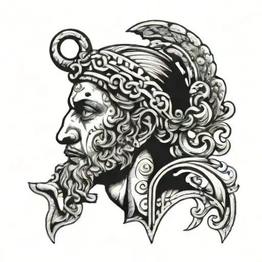 Apollo head with a word "Θάρρος" written on it tattoo design idea