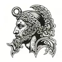 Apollo head with a word "Θάρρος" written on it tattoo design idea