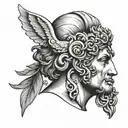 Apollo head with a word "Θάρρος" written on it tattoo design idea