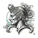 Apollo head with a word "Θάρρος" written on it tattoo design idea
