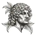 Apollo head with a word "Θάρρος" written on it tattoo design idea