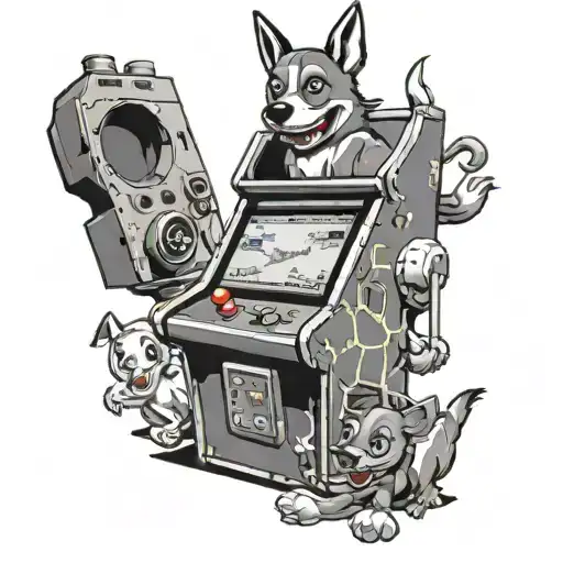 A tattoo of a pixelated perro playing a video game, surrounded by Looney Tunes characters in a retro arcade setting tattoo design idea