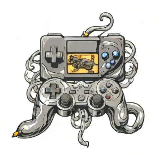 A video game controller intertwined with music notes and Looney Tunes characters, symbolizing your passion for both gaming and hip hop tattoo design idea