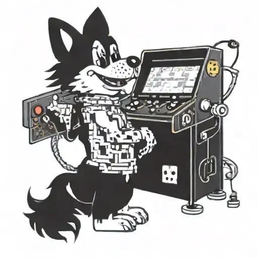 A tattoo of a pixelated perro playing a video game, surrounded by Looney Tunes characters in a retro arcade setting tattoo design idea